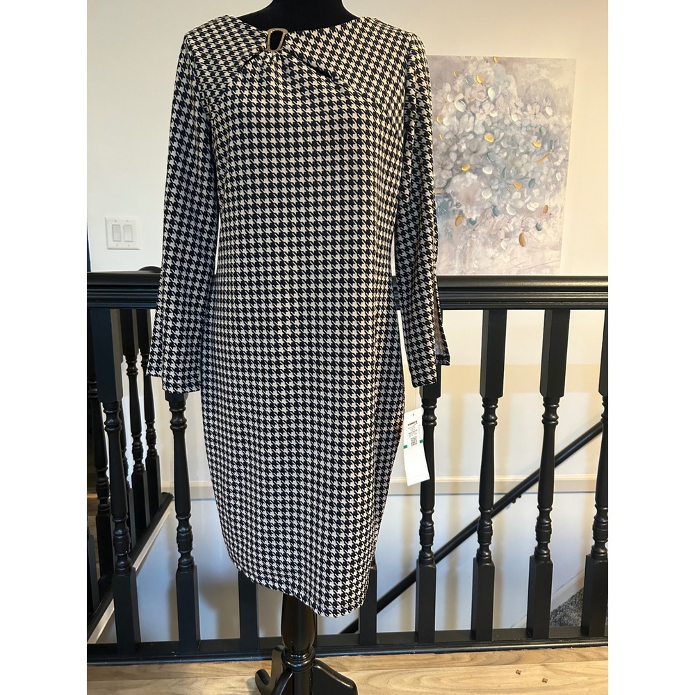 Nina Leonard Houndstooth Sheath Dress Tan Black Gold Hardware Long Sleeve L NEW